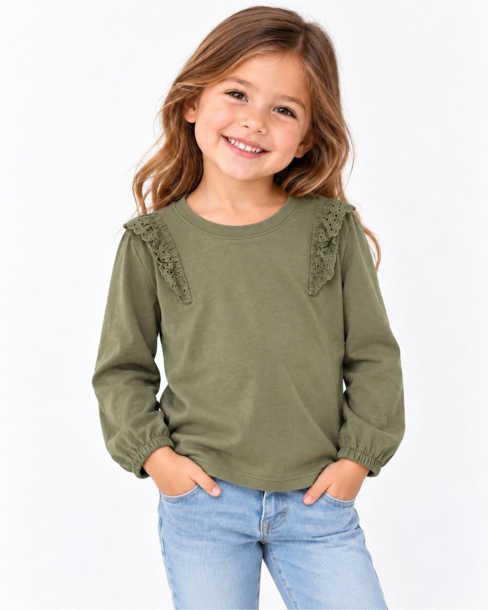 Cat & Jack Girls Olive Green Eyelet Ruffle Shoulder Long Sleeve Top 5T